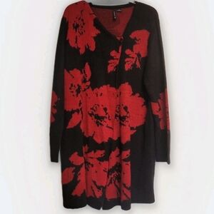 New Directions Red & Black Floral Cardigan Sweater - Size XL